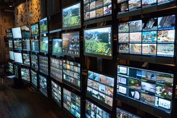 Poster - Multiple screens are actively showcasing various data feeds and surveillance footage in a high-tech control room, creating a dynamic visual experience.