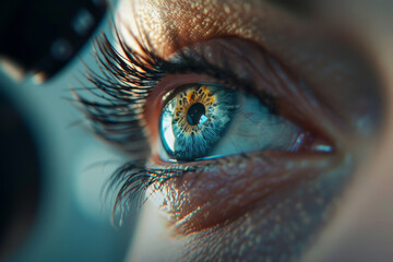 During an ophthalmic examination, a close-up view reveals the stunning details of a human eye, highlighting the vibrant colors of the iris and reflections in the pupil