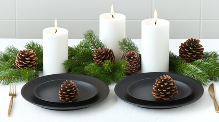 Wall Mural - A beautifully arranged dinner table features sleek black plates, natural pine cones, and white candles, complemented by fresh greenery for a festive atmosphere