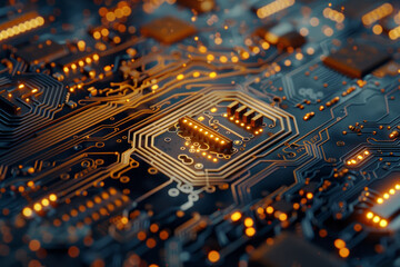 Poster - A detailed close-up of an electronic circuit board reveals complex pathways and glowing components, showcasing technology's delicate design and vibrant hues in a dim setting