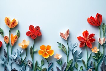 Poster - Colorful paper flowers forming a floral arrangement on blue background