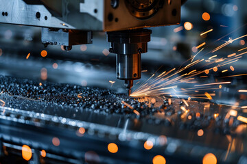 A cutting tool operates on a metal surface in a workshop while producing bright sparks. The setting showcases advanced machinery and a dark ambiance, highlighting technological innovation