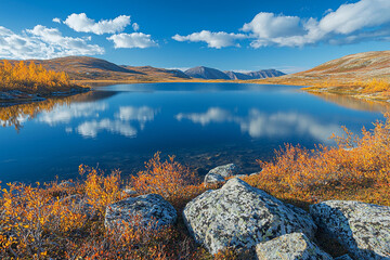 Canvas Print - Autumn scenery with tranquil lake and colorful foliage in Norway