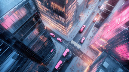 aerial view of city streets with tall buildings and pink cars.