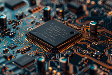 Poster - This display highlights a microprocessor mounted on a detailed circuit board, capturing the fine patterns and connections essential for electronic functions