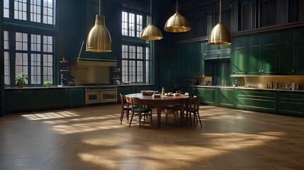 Wall Mural - A contemporary kitchen features deep green cabinetry and stylish pendant lighting above a counter with two elegant stools, creating an inviting dining space