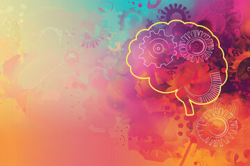 A vibrant and colorful abstract design showcases a brain outline with gears, symbolizing the fusion of creative thinking and technology in a dynamic way