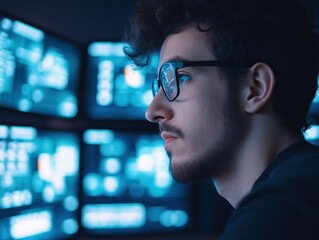 A focused individual wearing glasses gazes at multiple screens displaying data, immersed in a digital environment.