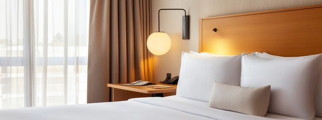 Wall Mural - Cozy hotel room with white bedding and modern decor, featuring a wooden nightstand and natural light from the window