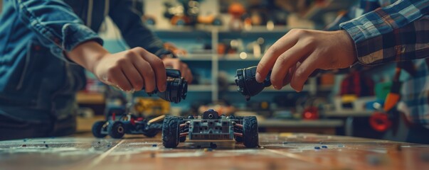 Close-up of boys' hands wearing colorful jackets, carefully maneuvering a toy car on a soft surface, capturing childhood focus. Free copy space for text.