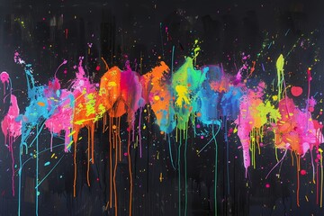 Poster - Bright splashes of paint in multiple colors stand out against a deep black background, forming an energetic and dynamic abstract art display filled with vibrant tones.