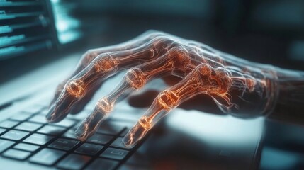 Aufkleber - A translucent robotic hand is poised over a laptop keyboard, glowing with orange circuitry. The workspace is dimly lit, suggesting a modern and technological atmosphere filled with creativity.