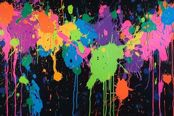 Poster - Bright and vivid splashes of paint in various colors are artfully dispersed across a dark canvas, illustrating a dynamic eruption of creativity and modern art.