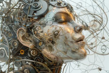 Poster - A striking sculpture displays a robotic head adorned with intricate gears and wires, highlighting the fusion of technology and artistry in an innovative exhibition.