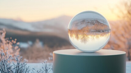Poster - A crystal-clear orb rests on a pedestal, capturing a winter scene of snow-covered trees and mountains at sunset. The warm glow of the sun creates a breathtaking contrast against the icy surroundings.