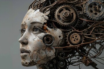 Poster - The artwork features an intricate robotic head adorned with gears and wires, showcasing a blend of mechanical elements and human-like features.