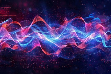 Poster - Colorful waves of light intertwine in an abstract display, emitting a sense of motion and energy in an engaging dark backdrop with floating particles.