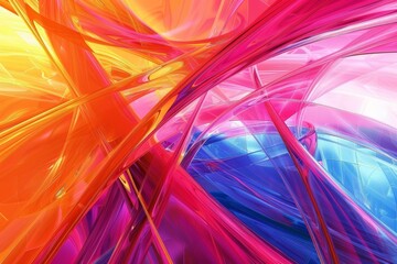 Poster - An abstract composition showcases intricate, flowing shapes in vivid orange, pink, and blue tones. The design reflects light, creating an energetic visual experience.