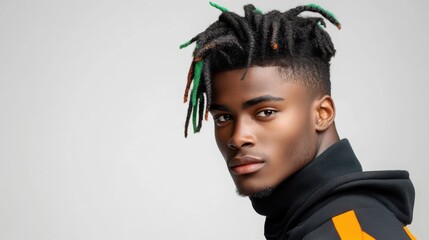 Portrait of Young Black Man with Green and Black Dreadlocks