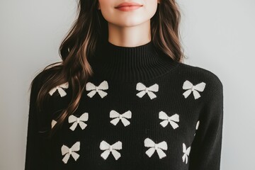 woman wearing a black half-zip sweater with white bow patterns. The mood is chic and modern with a minimalist aesthetic