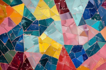 Poster - Various geometric shapes of colorful tiles come together to form an artistic mosaic, showcasing an intricate blend of colors and textures.