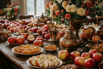 A vibrant festive table filled with apples, honey, and traditional sweets