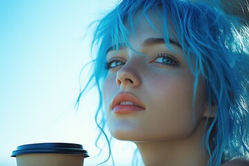 Blond woman with blue hair holding a coffee cup and looking away