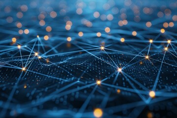 Fototapete - A vibrant network of glowing points connected by lines spans the dark background, illustrating the concept of digital communication and technological connections.