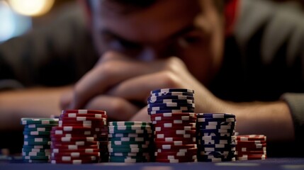 Close-up of a player's contemplative expression over a pile of poker chips, revealing the mental focus required in gambling.