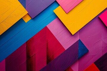 Poster - Brightly colored geometric shapes overlap on a textured background, showcasing shades of pink, blue, and yellow in a vibrant abstract display that captures attention.