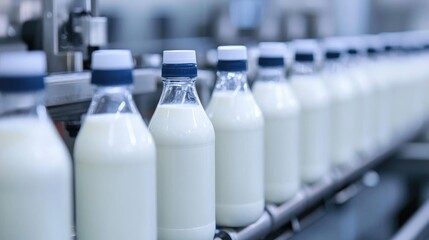 Bottles of milk on a production line, showcasing a clean, organized dairy processing facility.