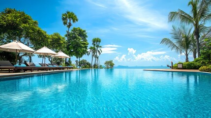 A bright blue swimming pool offering a relaxing vacation atmosphere. 