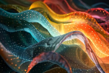 Poster - The vibrant waves of fabric ripple gracefully, showcasing a blend of colors and textures, creating an eye-catching visual against the dark backdrop.