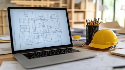 Aufkleber - Architectural Blueprint on Laptop Screen with Construction Hat