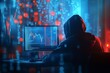 © Bit - Hacker in hoodie sitting at desktop and using laptop computer with abstract glowing and growing business graph hologram on blurry office interior background.
