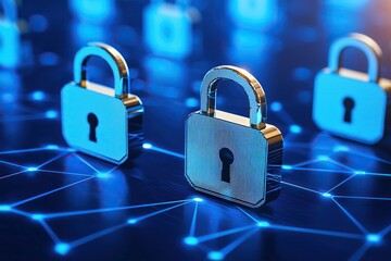 Poster - Metallic padlocks on blue network background cyber security hacking concept technology