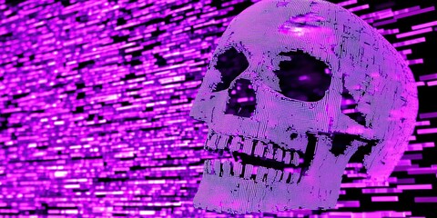 Poster - abstract digital skull made of pixels against glitching purple background