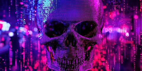 Poster - digital skull glows in purple pink hues technology cybersecurity hacking threat