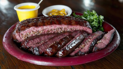 Close-up of plate of sliced smoked meat food photography