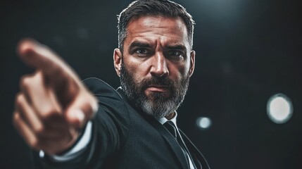 Poster - Close-up portrait of a man in a suit, pointing his finger and looking directly at the camera