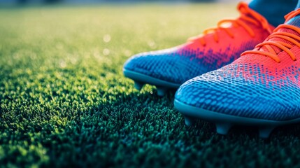 Close-up of soccer cleats on emerald grass, symbolizing the readiness and determination of athletes.