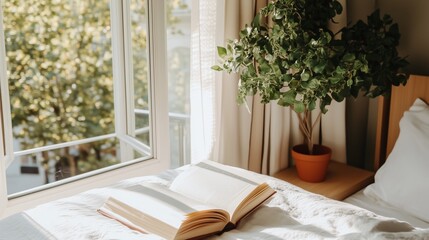 Wall Mural - A cozy morning in a sunlit bedroom with an open book on the bed and a potted plant by the window