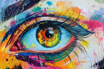 this striking artwork features a detailed eye bursting with colors, set against a lively backdrop of