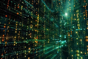 Poster - The view showcases a mesmerizing digital environment filled with luminous data streams and dynamic binary code, creating an immersive futuristic atmosphere at night.
