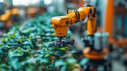 Poster - The robotic arm carefully interacts with young plants in a greenhouse, showcasing the integration of technology in agriculture to enhance plant care and growth.