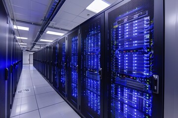 Poster - A spacious data center filled with rows of sleek server racks brightly lit with blue lights creates a high-tech atmosphere for managing data efficiently.