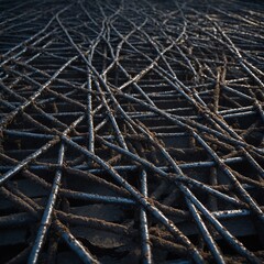 Tangled web of dark, twisted branches against dark background, creating intricate and abstract pattern