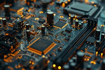 Poster - A close-up view reveals intricate pathways and glowing electronic components on a circuit board, highlighting modern technology's complexity in a low-light environment.