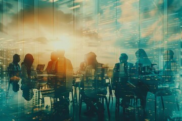 Poster - A group of professionals engages in an important strategy meeting as the sunset casts a colorful glow over the city, creating a vibrant and inspiring atmosphere.