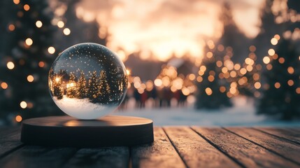 Poster - In a cozy setting, a crystal globe reflects a beautiful winter landscape filled with snow-covered trees and shimmering lights. The warm glow of the evening sun adds to the enchanting atmosphere.
